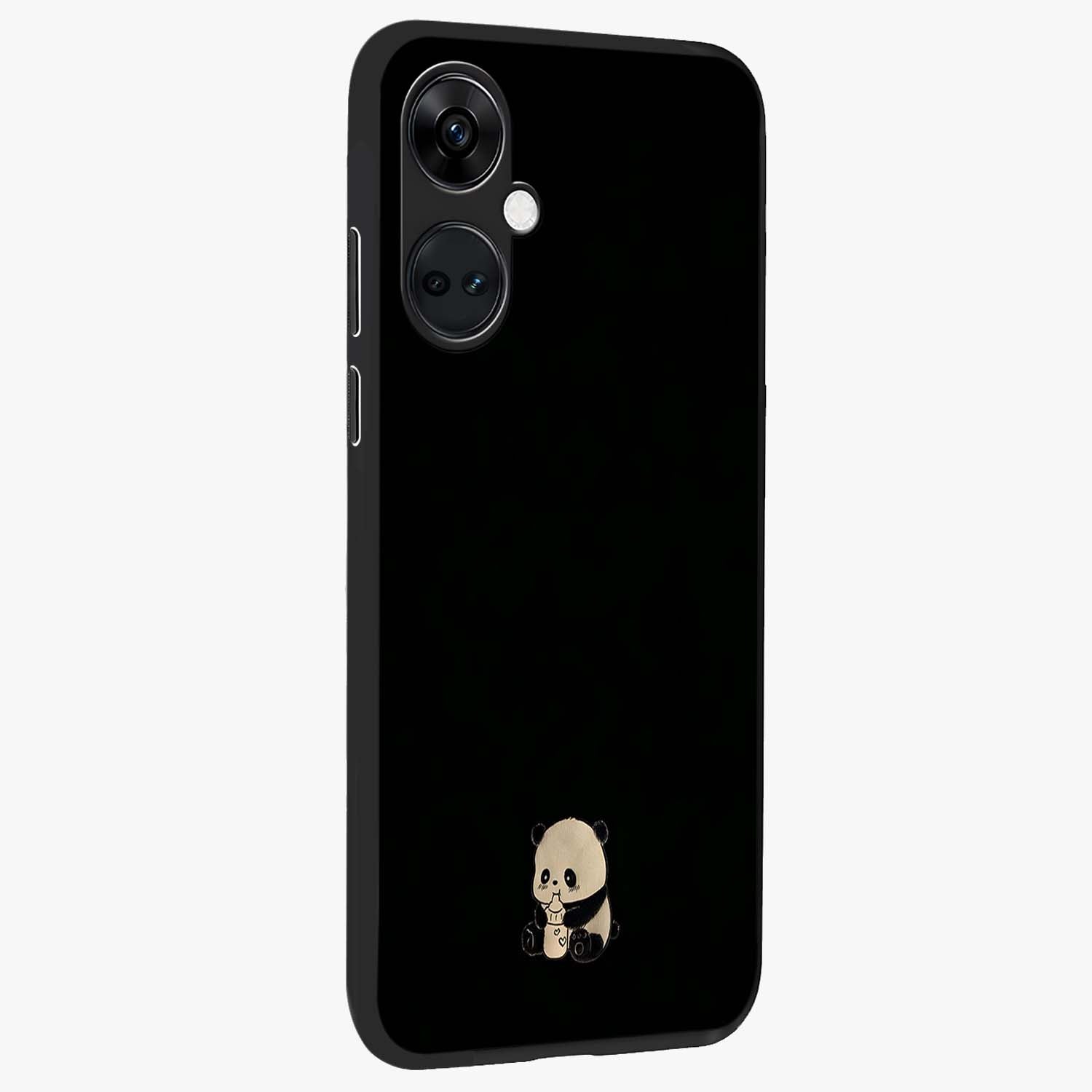 Midnight Panda Love Glass Case for 1+Nord CE 3 side perspective highlighting charming illustration details and premium build