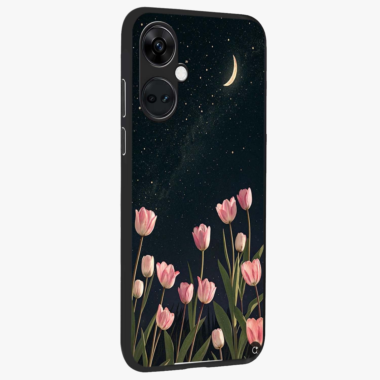 Midnight Tulip Whispers Vibe Glass Case for 1+Nord Ce 3 side perspective highlighting graceful floral textures and premium edges