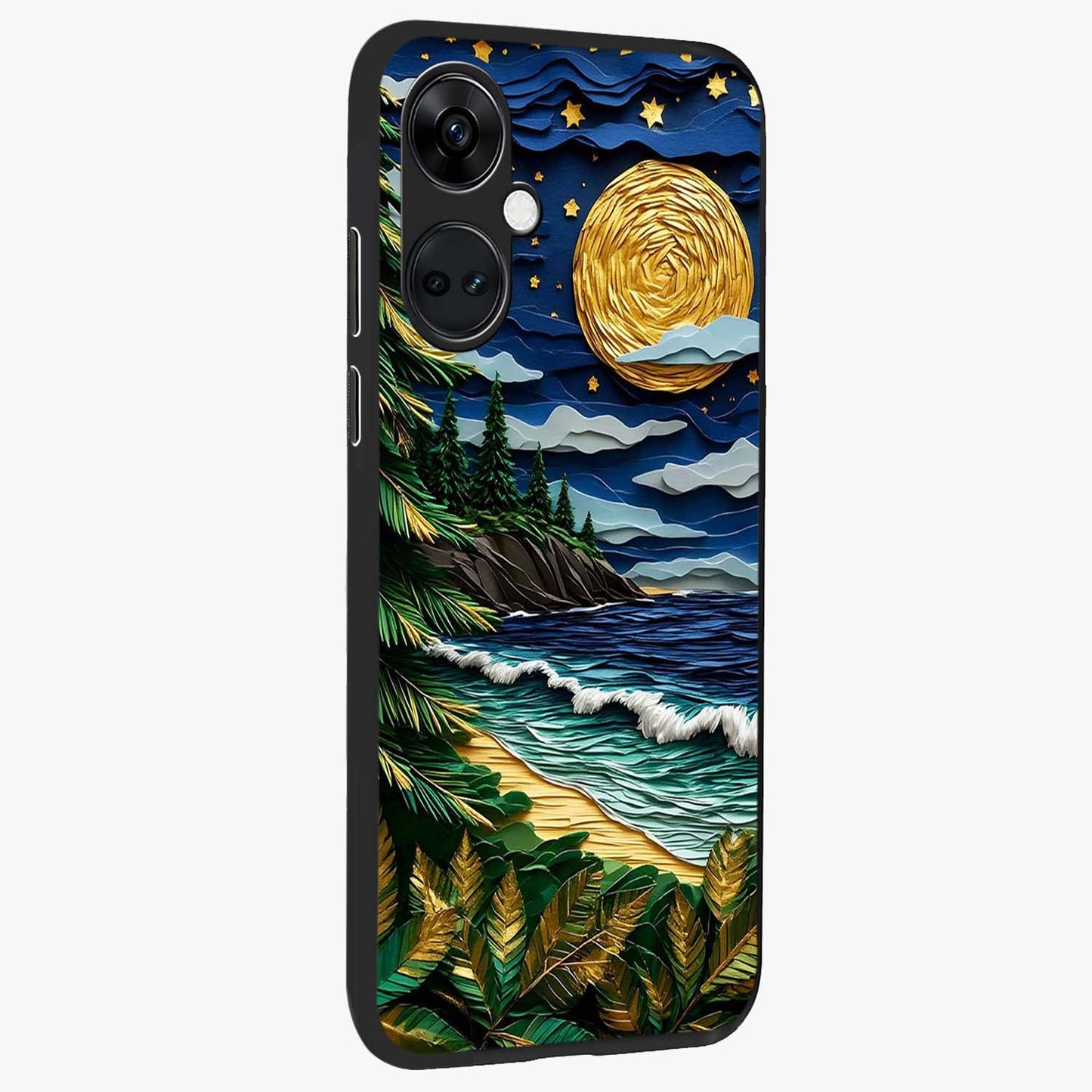 Moonlit Ocean Pines Glass Case for 1+Nord Ce 3 side perspective highlighting serene landscape textures and premium edges