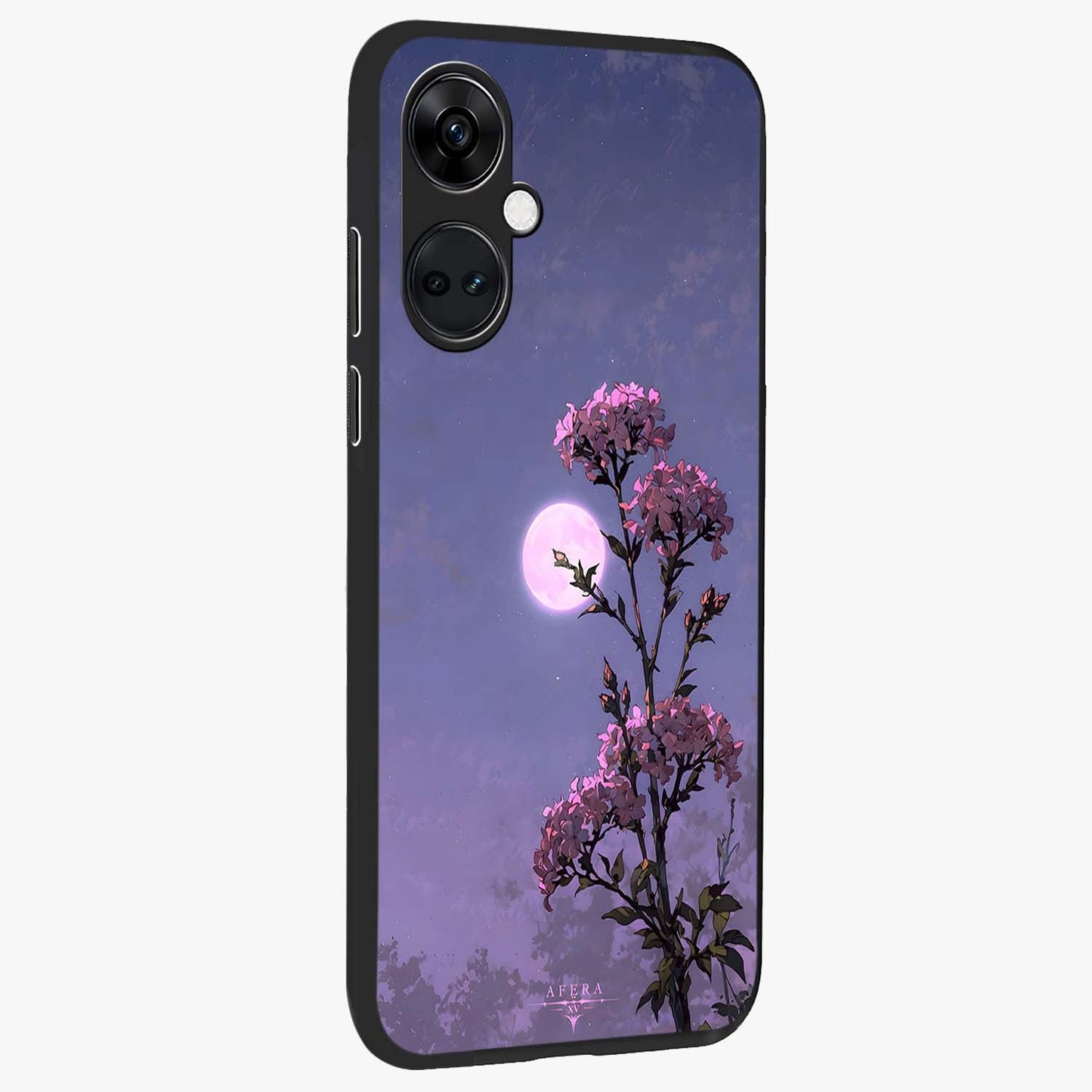Moonlit Petal Night Glass Case for 1+Nord CE 3 side perspective highlighting graceful petal textures and smooth build