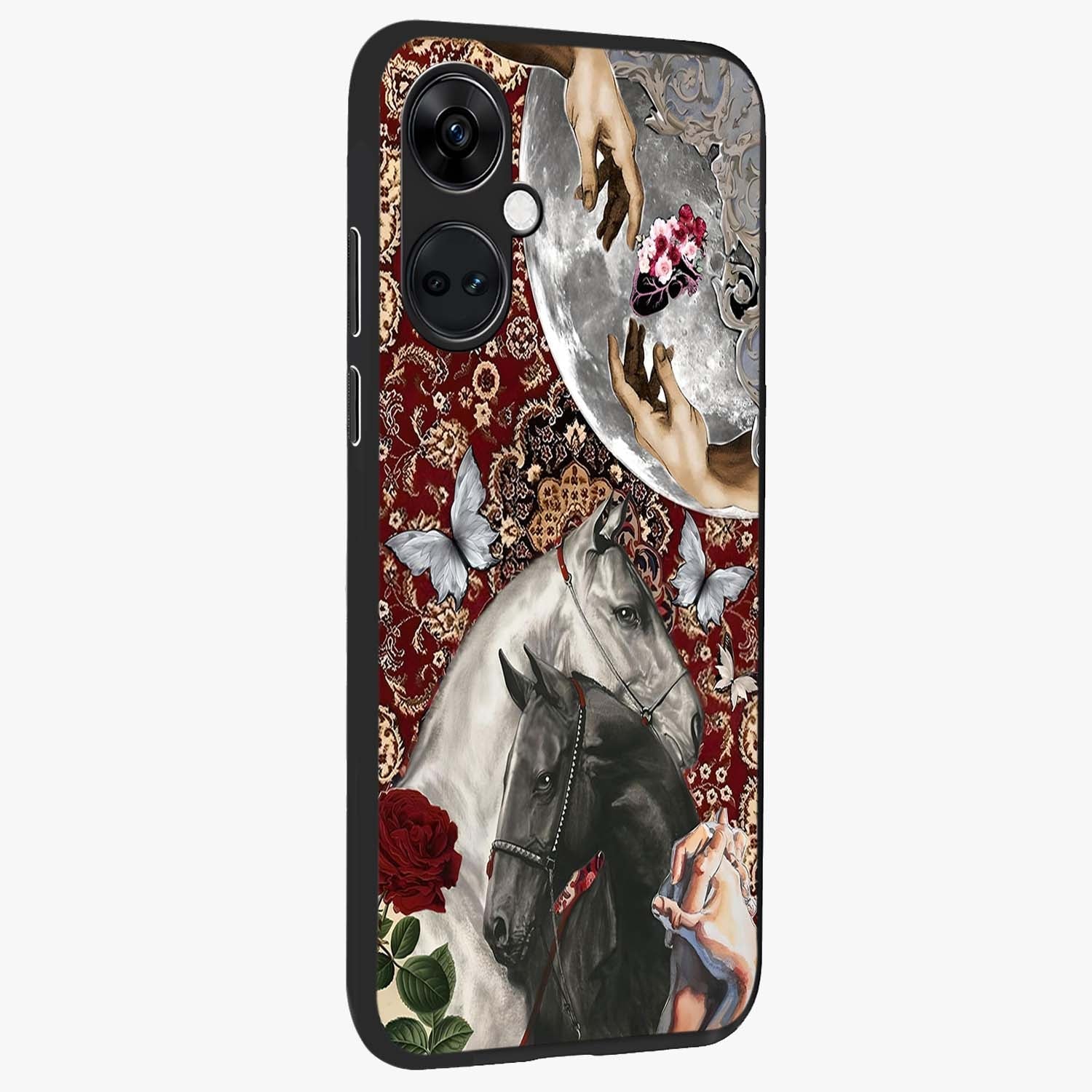 Moonlit Royal Stallion Glass Case for 1+Nord Ce 3 side perspective highlighting refined equestrian detailing and premium edges