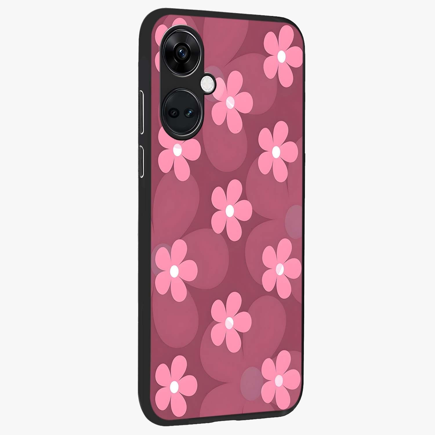 Pink Daisy Flower Pattern Glass Case for 1+Nord CE 3 side perspective highlighting bright floral textures and smooth build