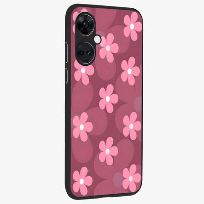 Pink Daisy Flower Pattern Glass Case for 1+Nord CE 3 side perspective highlighting bright floral textures and smooth build