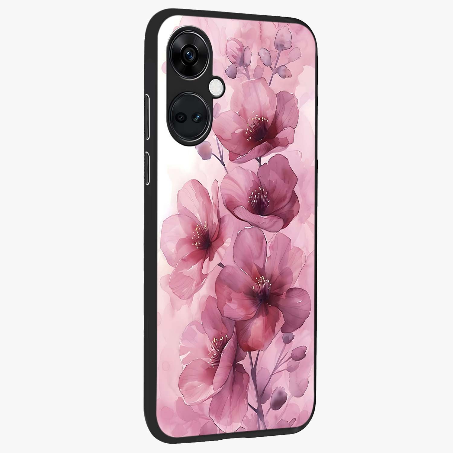 Pink Floral Glass Case for 1+Nord CE 3 side perspective highlighting subtle floral textures and premium edges