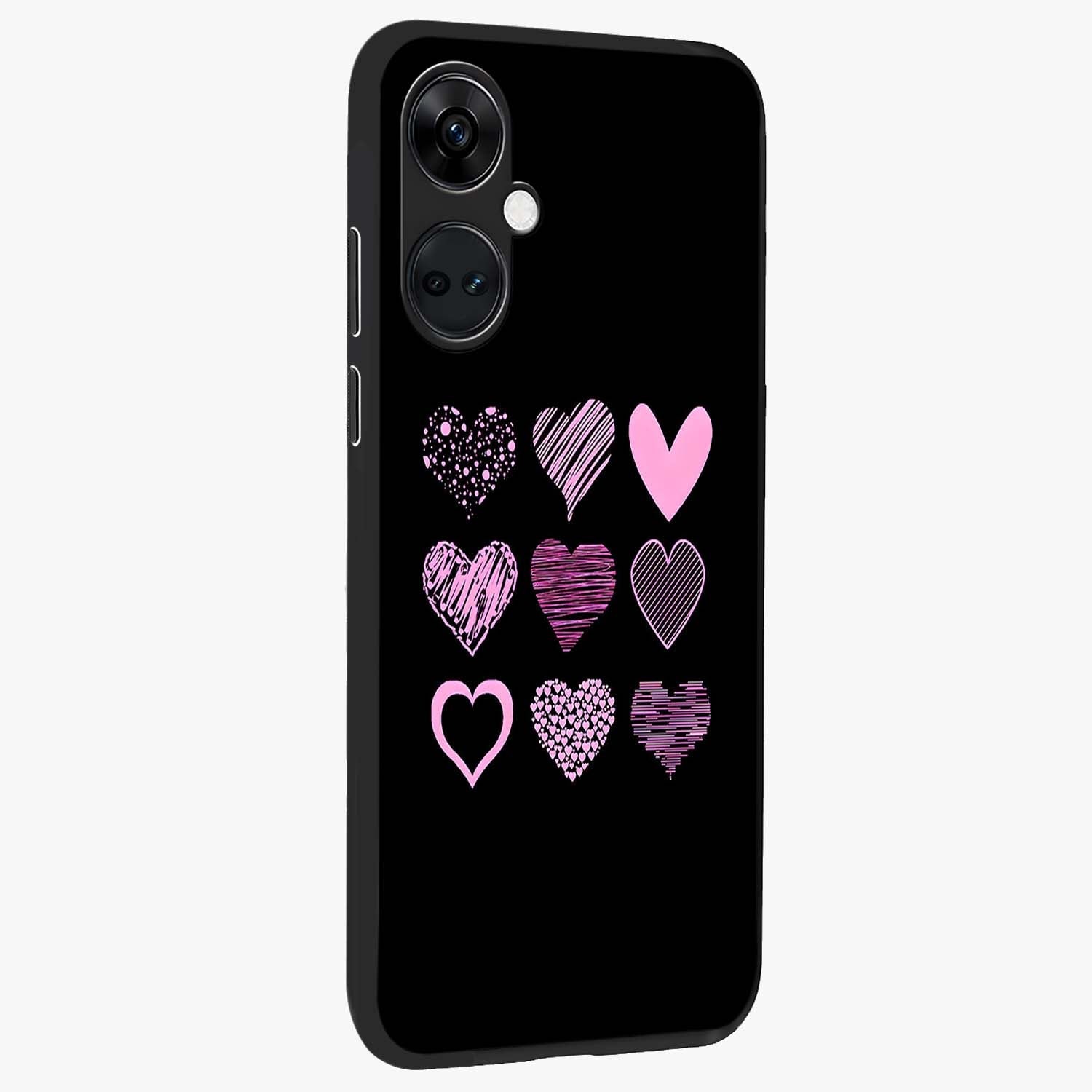 Pink Heart Aesthetic Glass Case for 1+Nord Ce 3 side perspective highlighting smooth textures and premium edge finish