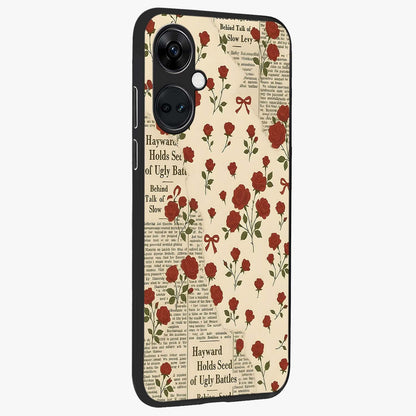 Retro Rose Journal Glass Case for 1+Nord CE 3 side perspective highlighting delicate floral textures and premium edges