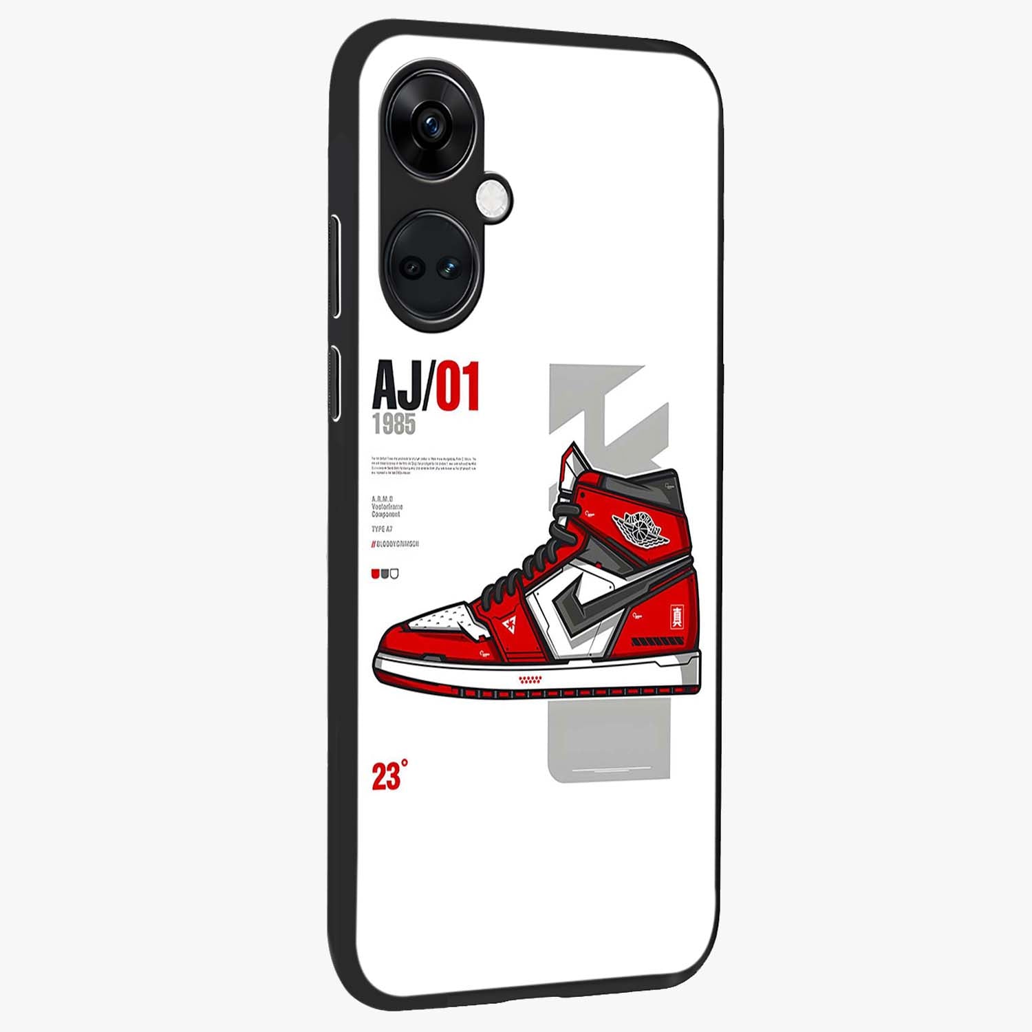Retro Sneaker Blueprint Glass Case for 1+Nord CE 3 side perspective highlighting sharp graphic textures and sleek build
