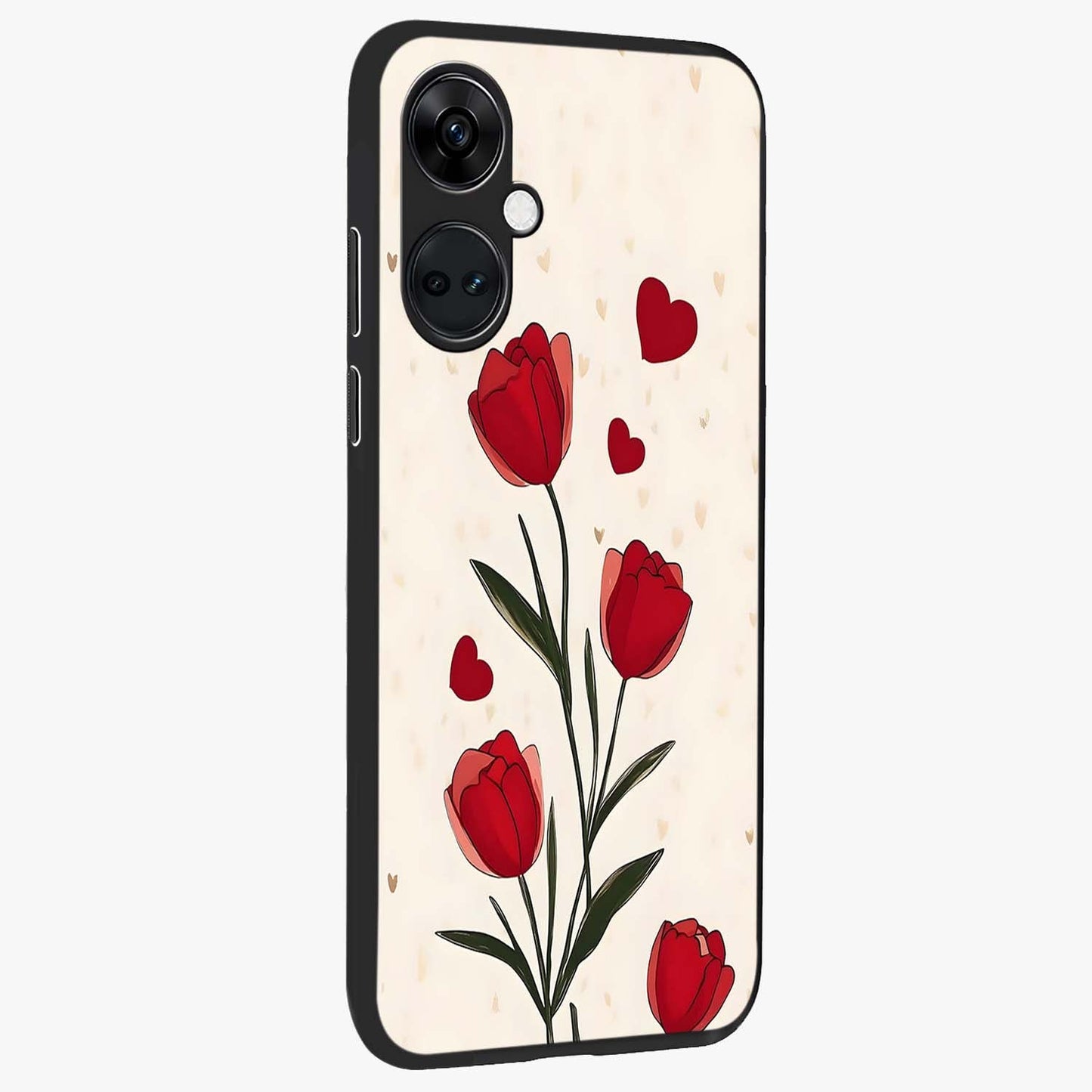 Romantic Tulip Hearts Glass Case for 1+Nord CE 3 side perspective highlighting delicate bloom textures and premium edges