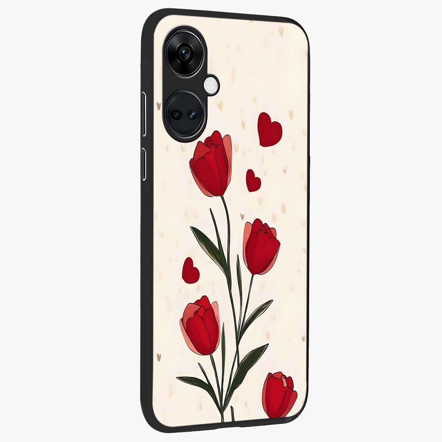 Romantic Tulip Hearts Glass Case for 1+Nord CE 3 side perspective highlighting delicate bloom textures and premium edges