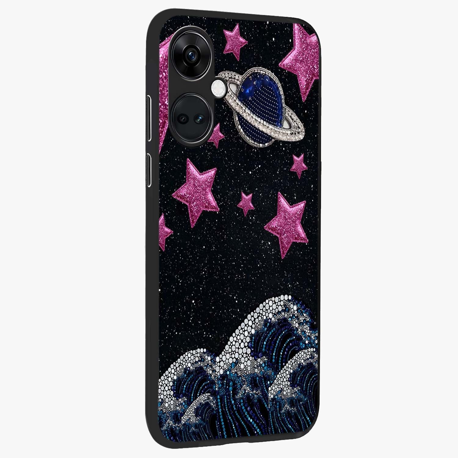 Saturn Pink Storm Glass Case for 1+Nord CE 3 side perspective highlighting planetary textures and premium edges