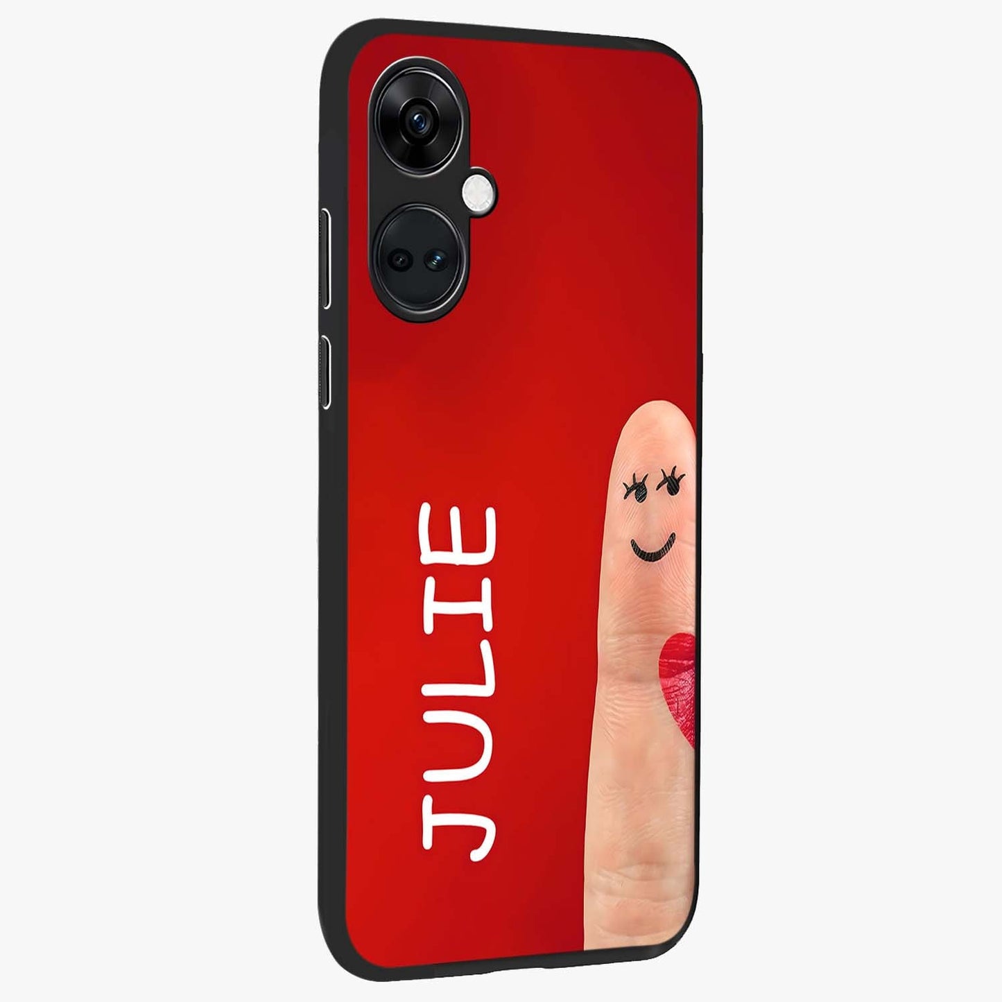 Smiling Love Sign Glass Case for 1+Nord Ce 3 side perspective highlighting playful textures and premium edges