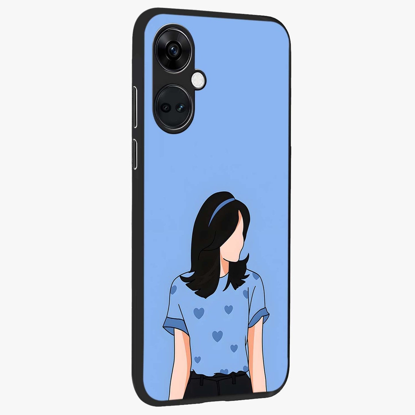 Soft Hearts Girl Glass Case for 1+Nord Ce 3 side perspective highlighting delicate illustration textures and smooth build