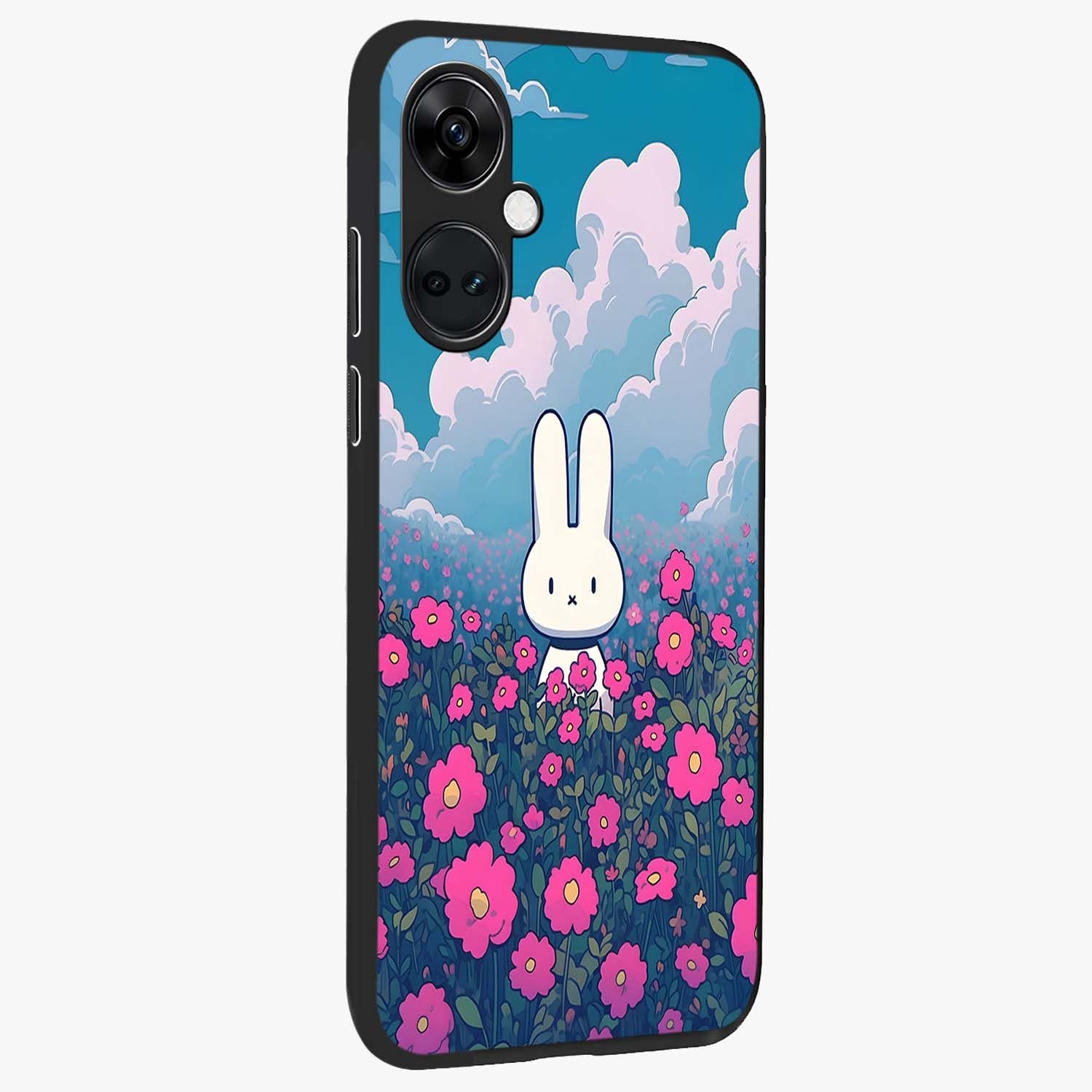 Springtime Blossom Bunny Glass Case for 1+Nord CE 3 side perspective highlighting charming illustration textures and premium edges