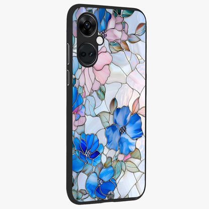 Stained Blue Floral Glass Case for 1+Nord Ce 3 side perspective highlighting intricate bloom textures and premium edges