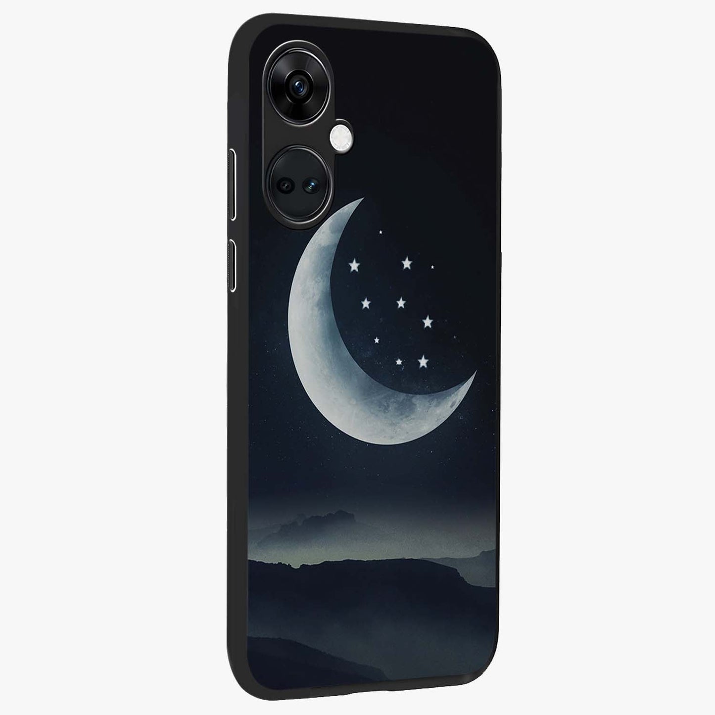 Starry Moon Pattern Glass Case for 1+Nord Ce 3 side perspective highlighting celestial textures and premium edges