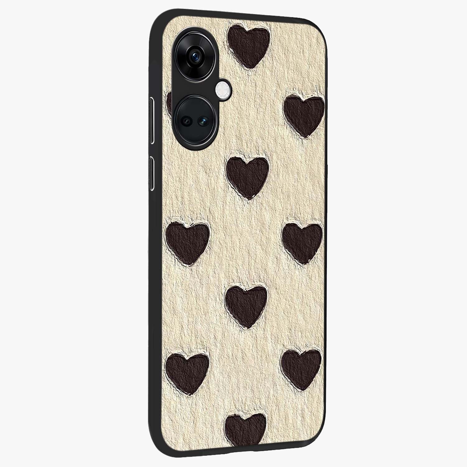 Textured Love Pattern Glass Case for 1+Nord Ce 3 side perspective highlighting soft textures and smooth premium build