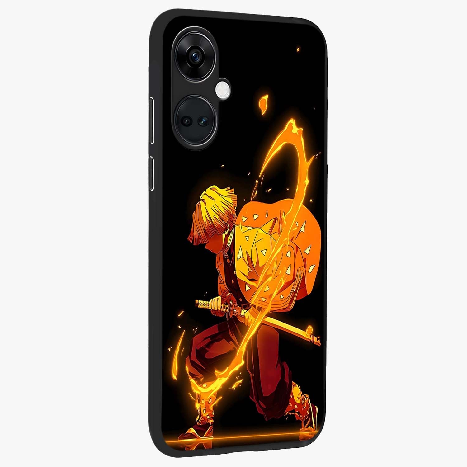 Thunder Flame Execution Glass Case for 1+Nord Ce 3 side perspective highlighting fiery textures and premium edge finish