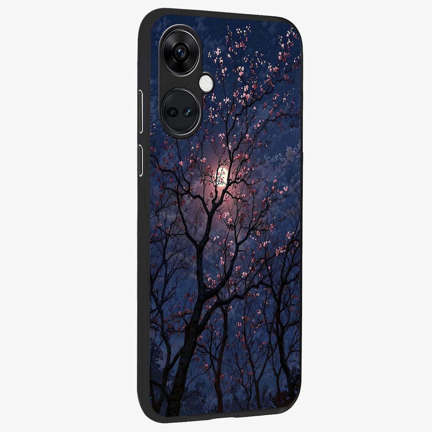 Twilight Sakura Serenade Glass Case for 1+Nord Ce 3 side perspective highlighting delicate sakura textures and premium edges