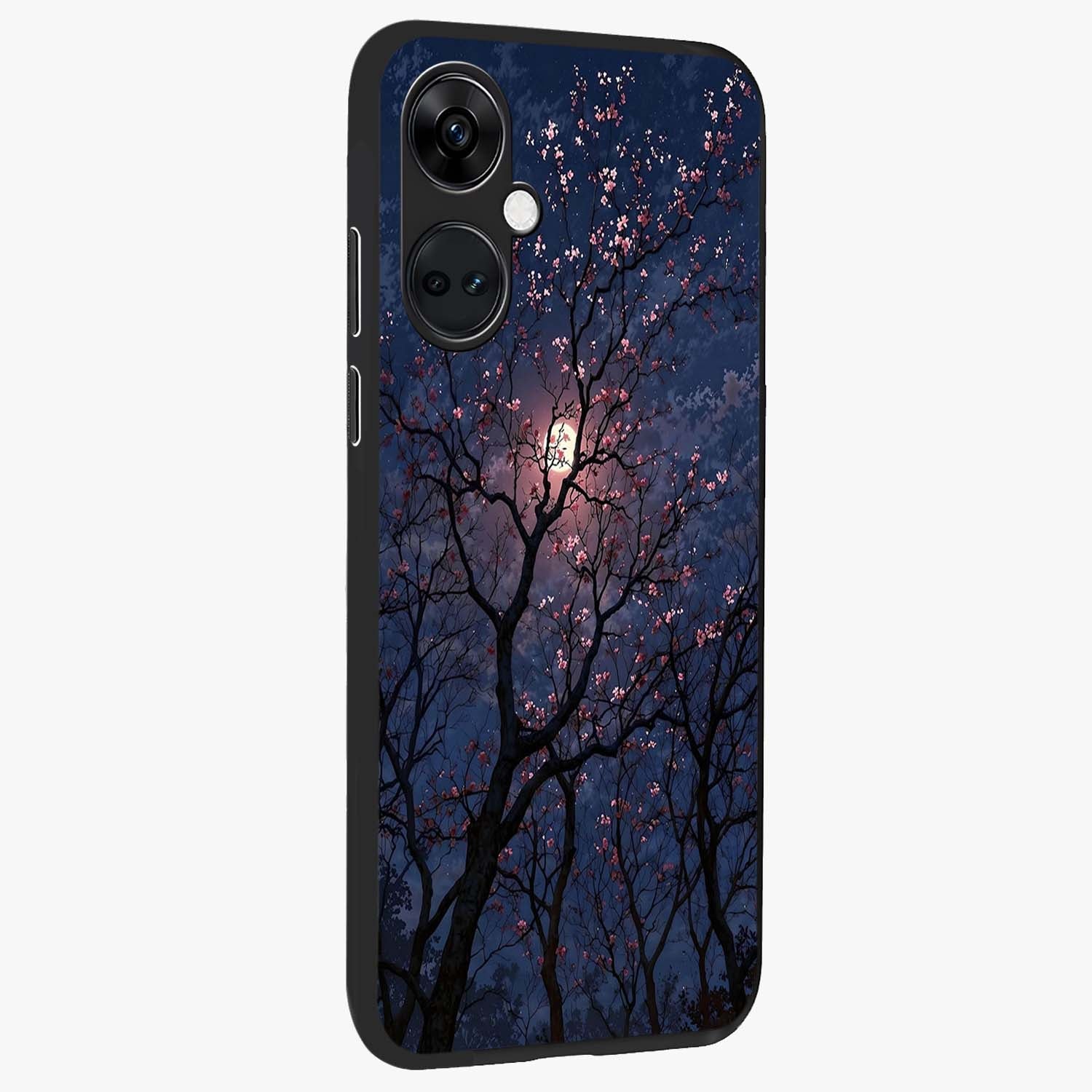 Twilight Sakura Serenade Glass Case for 1+Nord Ce 3 side perspective highlighting delicate sakura textures and premium edges