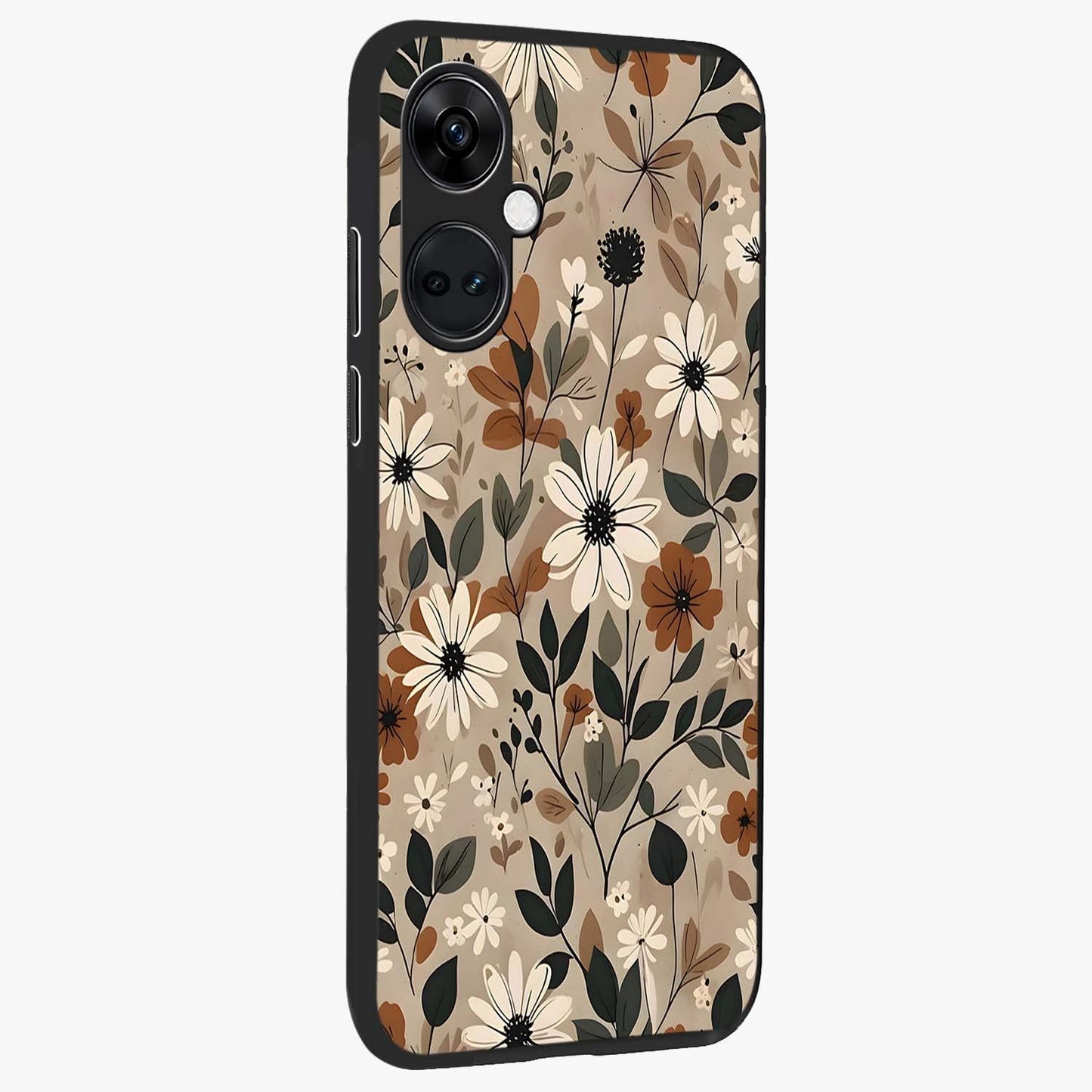 Vector Flowers Glass Case for 1+Nord Ce 3 side perspective highlighting smooth floral textures and premium edges