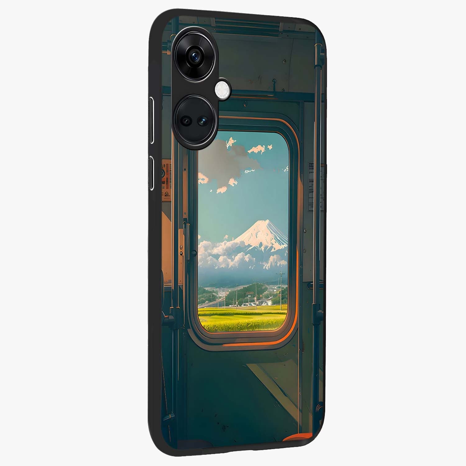 Window to Fuji Glass Case for 1+Nord Ce 3 side perspective highlighting detailed horizon textures and smooth premium build