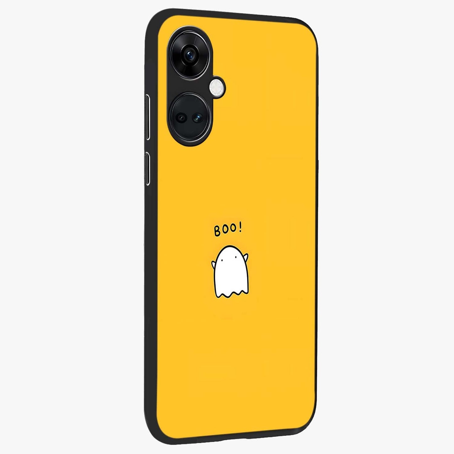 Yellow Boo Ghost Glass Case for 1+Nord Ce 3 side perspective highlighting lively textures and premium edges