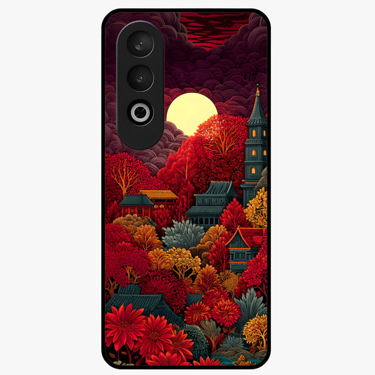 Red Scenery Hot Glass Case for 1+Nord CE 4 dramatic front view featuring bold red landscape artwork