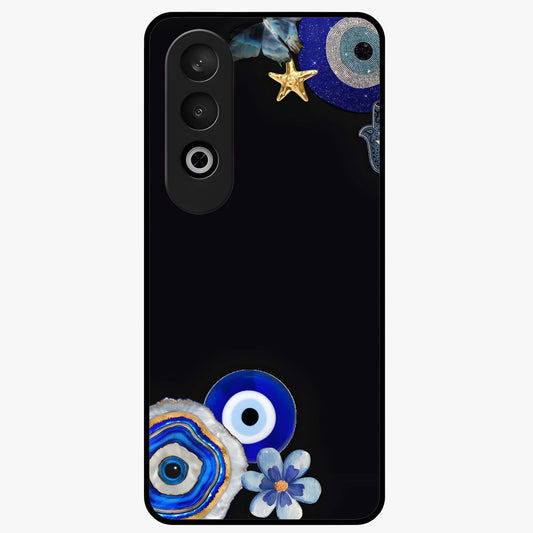 Aesthetic Blue Evil Eye Glass Case for 1+Nord Ce 4 front view featuring vibrant traditional evil eye artwork