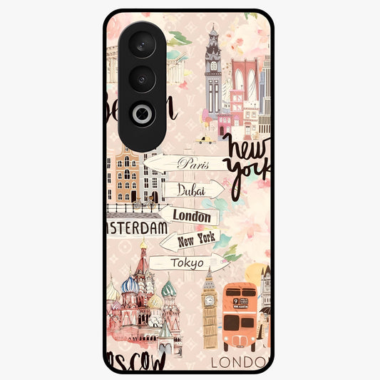 Aesthetic Travel Glass Case for 1+Nord Ce 4 front view featuring wanderlust inspired travel artwork