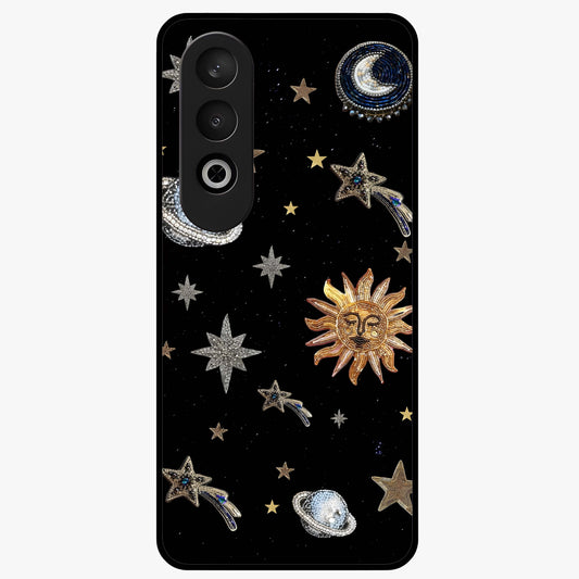 Beaded Cosmic Dreams Glass Case for 1+Nord Ce 4 front view featuring celestial bead inspired cosmic artwork