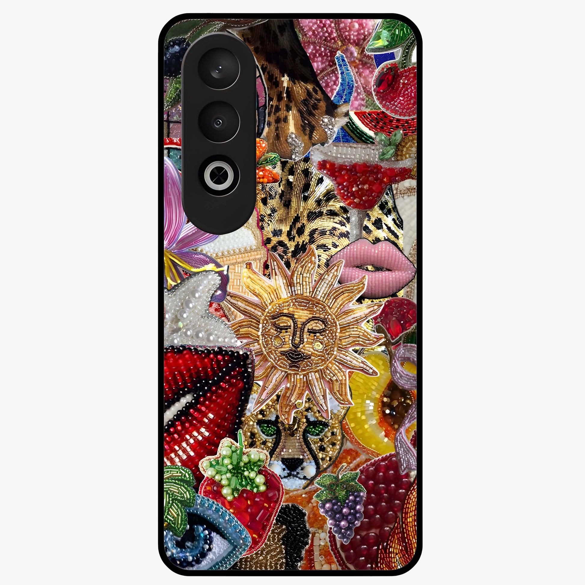 Beaded Fashion Jungle Glass Case for 1+Nord CE 4 bold front view featuring beaded jungle themed artwork