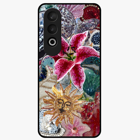 Beaded Garden Fantasy Glass Case for 1+Nord Ce 4 front view featuring colorful beaded floral garden artwork