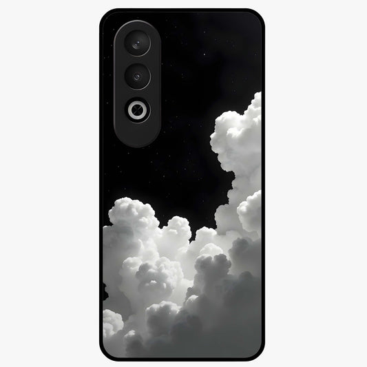 Black Background With White Cloud Glass Case for 1+Nord Ce 4 striking front view featuring white cloud artwork on deep black backdrop