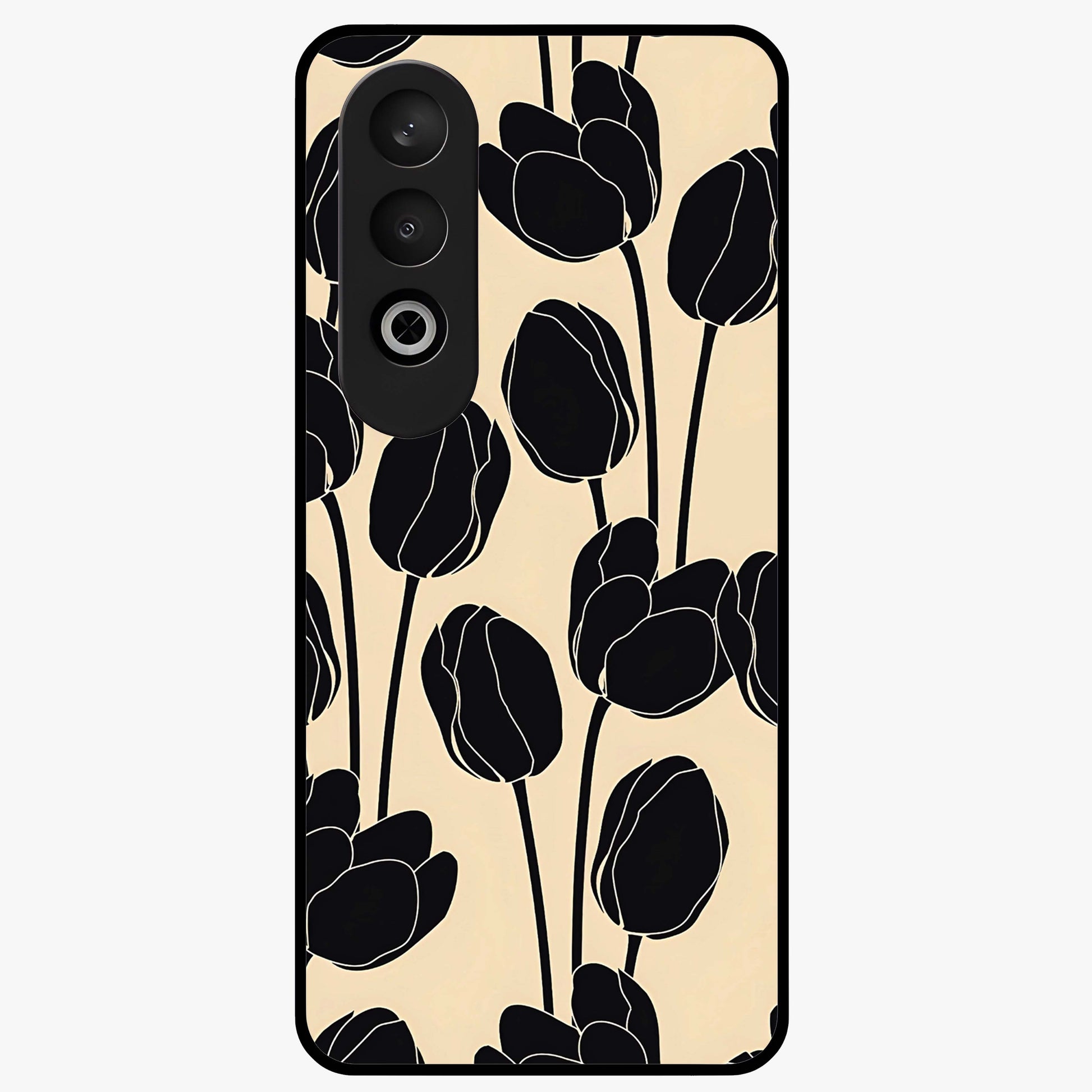 Black Designer Tulip Glass Case for 1+Nord Ce 4 elegant front view featuring refined tulip artwork on black background