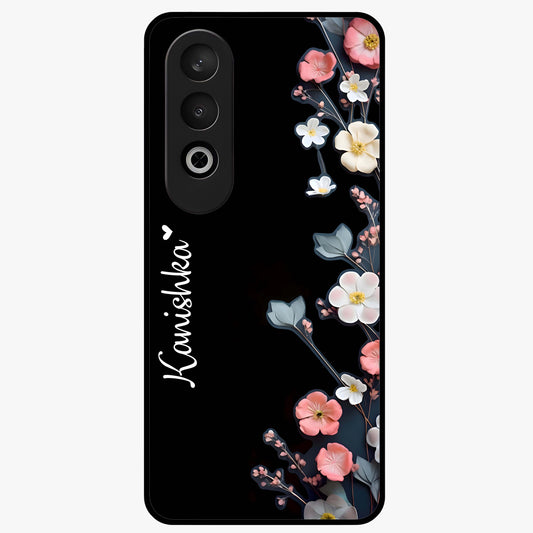 Black Elegance Floral Custom Name Glass Case for 1+Nord Ce 4 luxurious front view featuring floral artwork with personalized name design