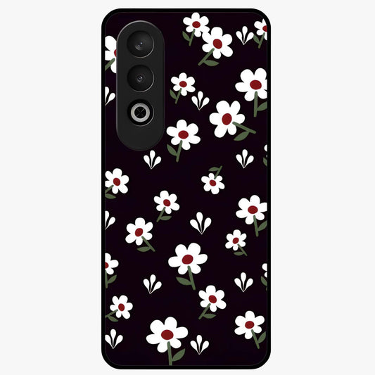 Black Prints Daisy Flower Pattern Glass Case for 1+Nord Ce 4 front view featuring white daisy floral artwork on black base