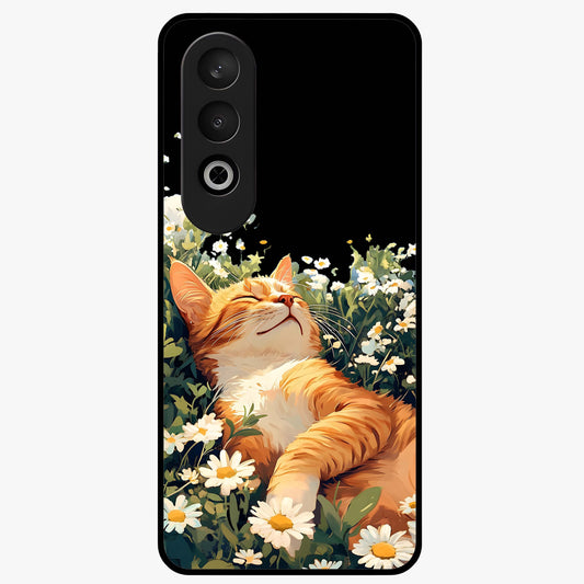 Blissful Bloom Cat Glass Case for 1+Nord Ce 4 charming front view featuring floral cat artwork with soft aesthetic tones