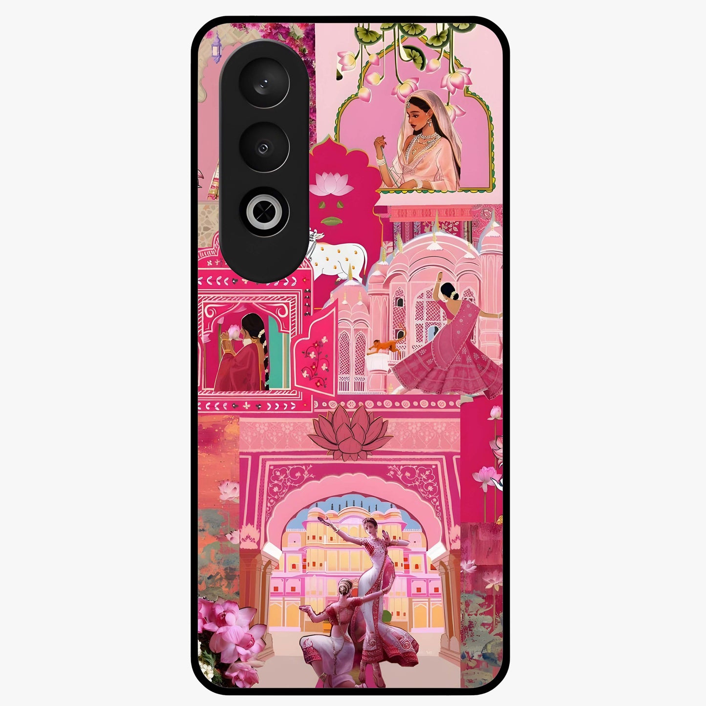 Blossoms of Rajasthan Glass Case for 1+Nord CE 4 vibrant front view featuring traditional Rajasthani floral artwork