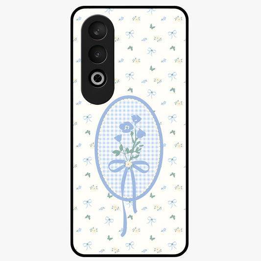 Blue Ribbon Bloom Glass Case for 1+Nord Ce 4 elegant front view featuring soft floral artwork with ribbon accents