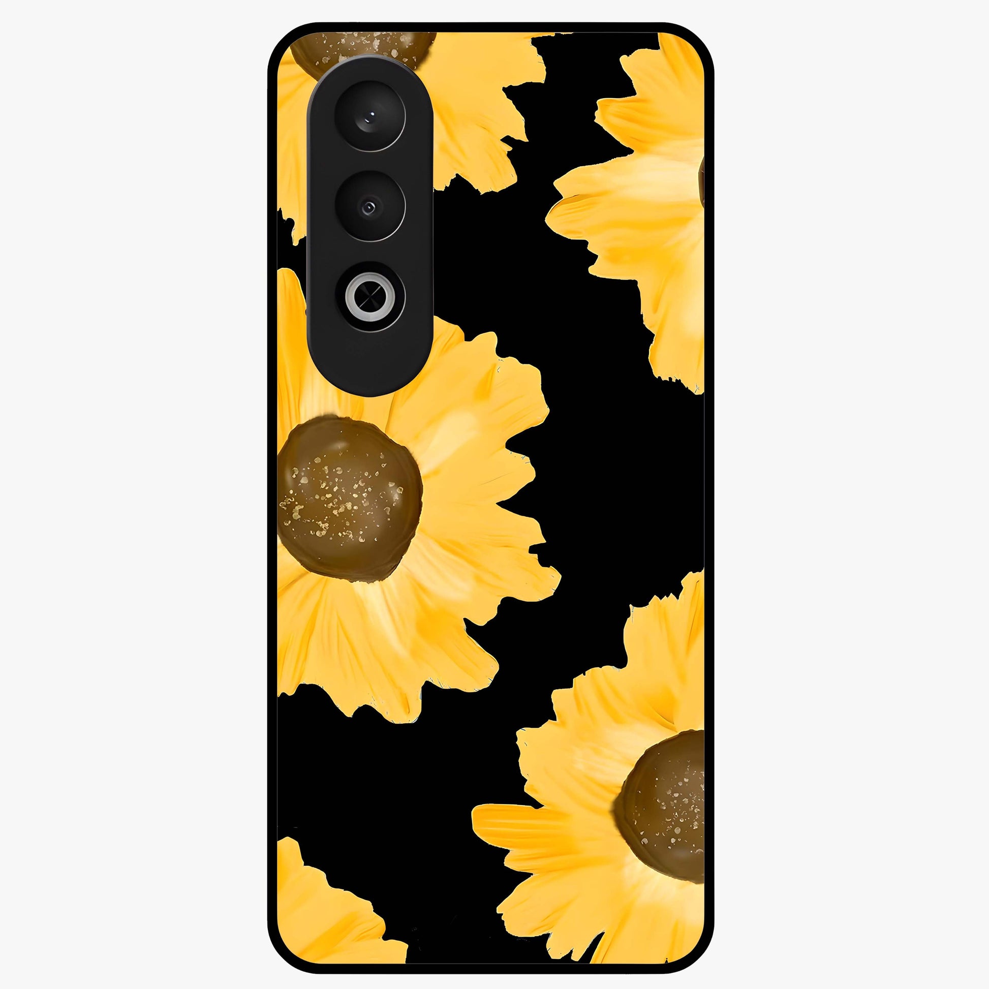 Bold Sunflowers Glow Glass Case for 1+Nord Ce 4 vibrant front view featuring radiant sunflower artwork with warm golden tones