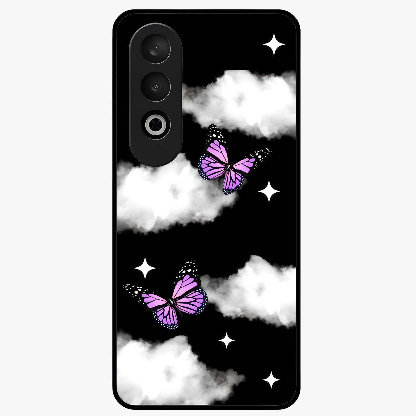 Butterfly Night Drift Glass Case for 1+Nord Ce 4 dreamy front view featuring butterfly artwork with dark night inspired tones