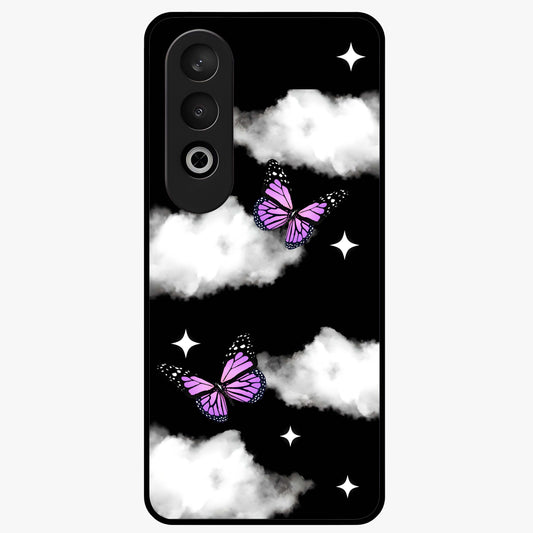 Butterfly Night Drift Glass Case for 1+Nord Ce 4 dreamy front view featuring butterfly artwork with dark night inspired tones