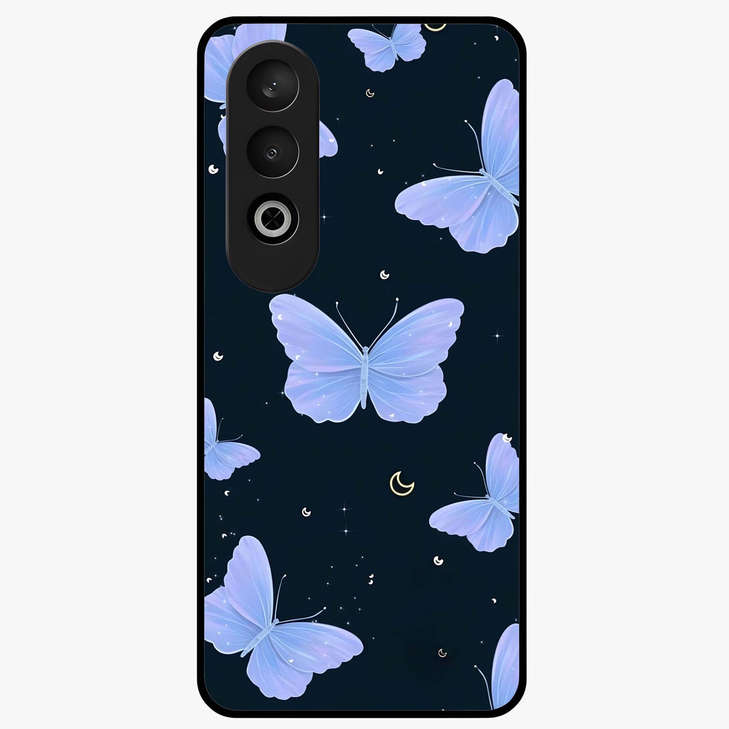 Butterfly With Stars Pattern Glass Case for 1+Nord Ce 4 dreamy front view featuring butterfly artwork with star accents