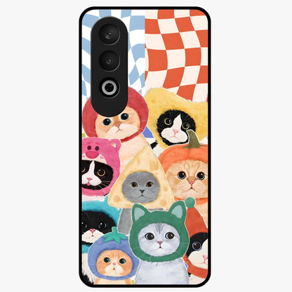 Cats in Fruits Glass Case for 1+Nord CE 4 playful front view featuring cute cat illustrations with vibrant fruit artwork