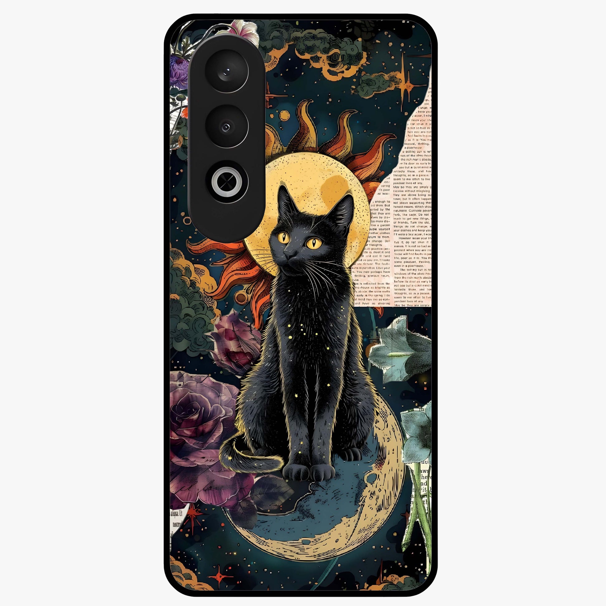 Celestial Black Cat Glass Case for 1+Nord CE 4 mystical front view featuring black cat artwork with cosmic background