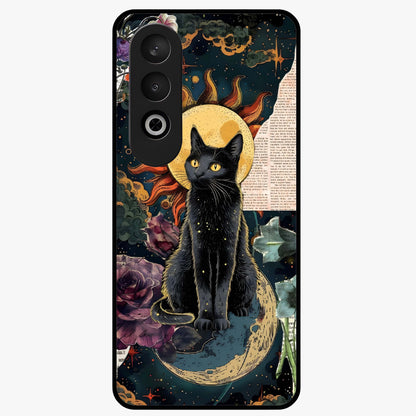 Celestial Black Cat Glass Case for 1+Nord CE 4 mystical front view featuring black cat artwork with cosmic background