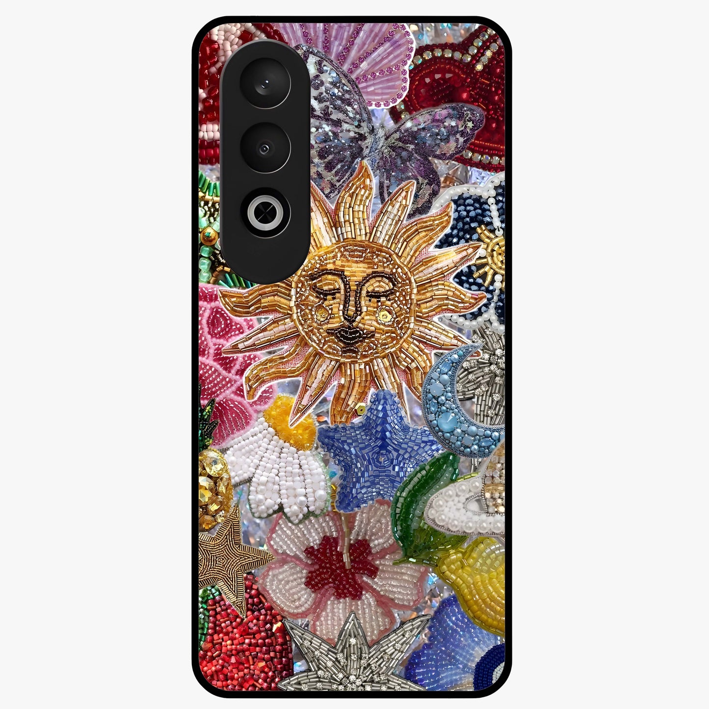 Celestial Floral and Playful Glass Case for 1+Nord CE 4 vibrant front view featuring floral artwork blended with cosmic elements