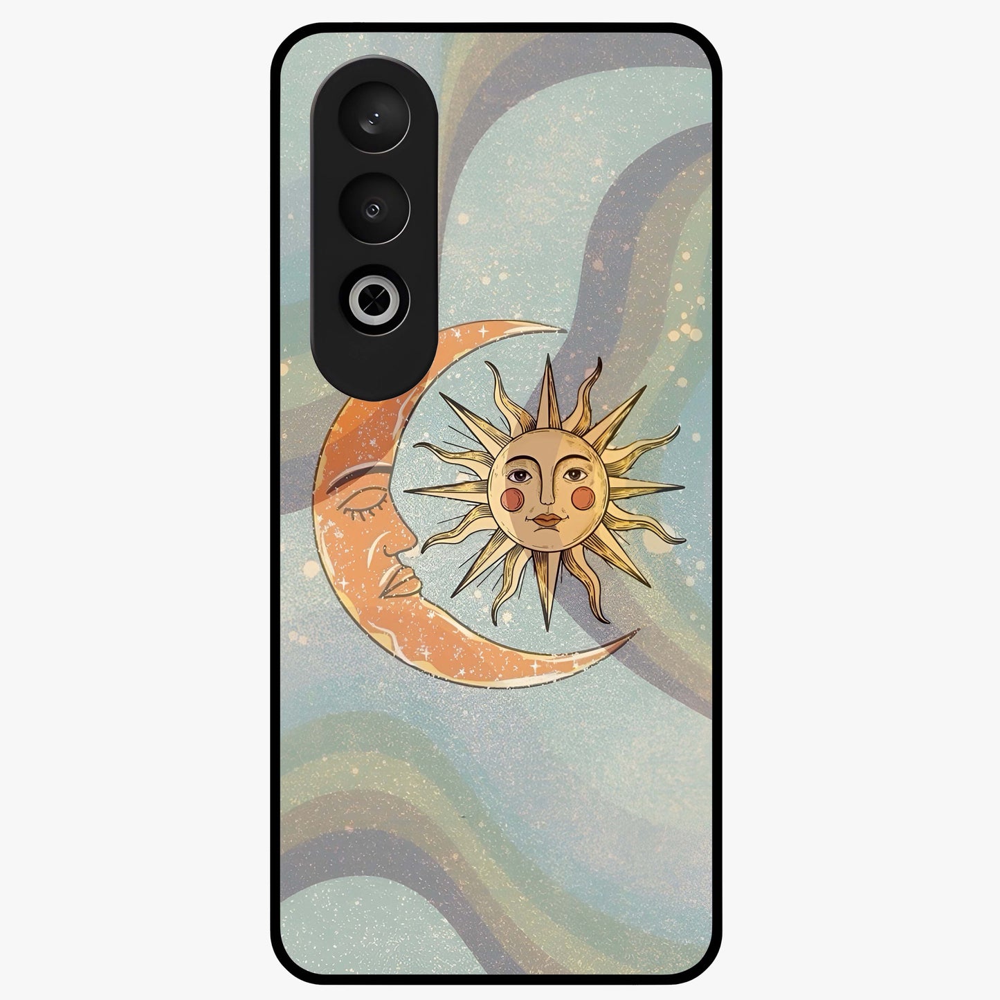 Celestial Harmony Vibes Glass Case for 1+Nord CE 4 serene front view featuring balanced cosmic artwork with calming tones