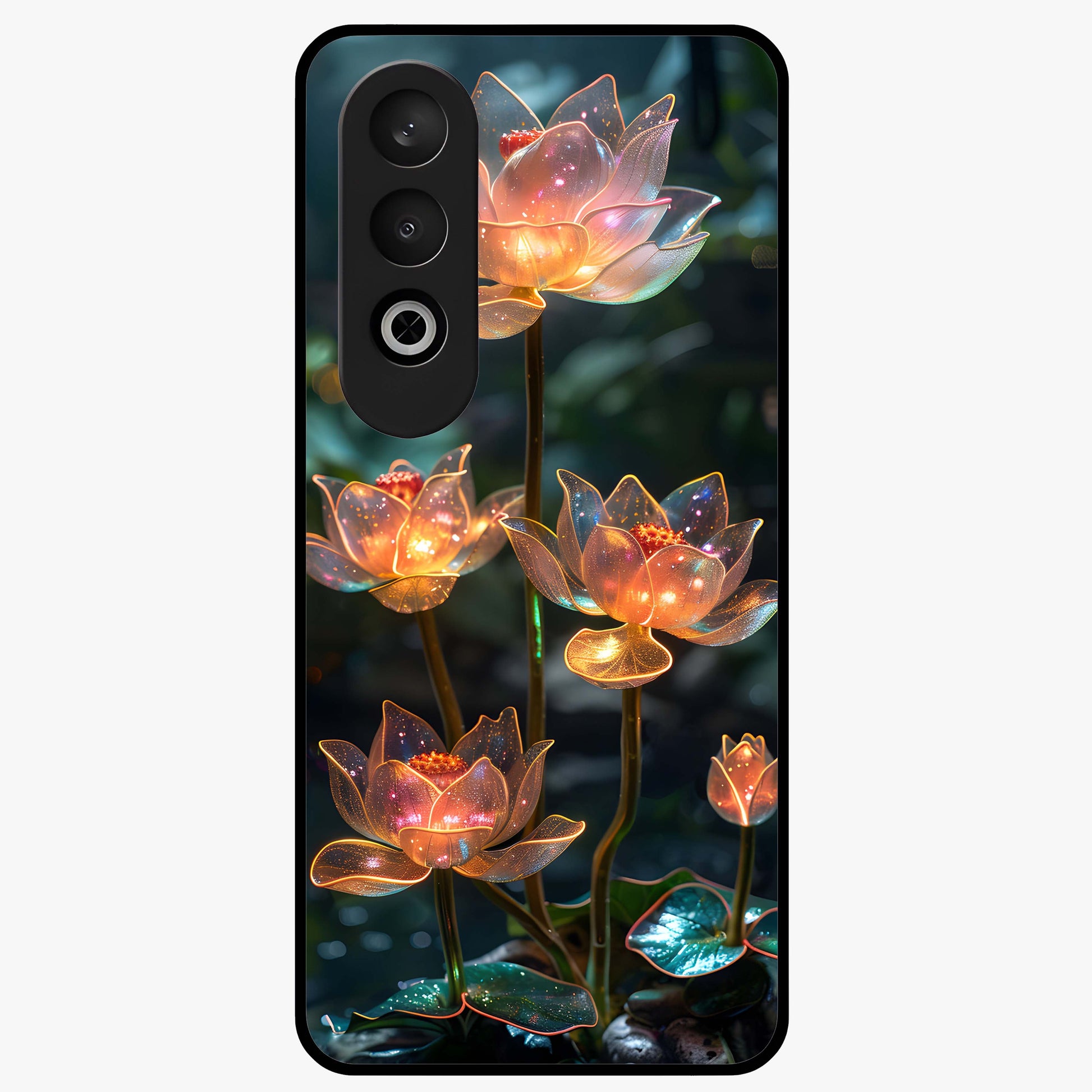 Celestial Lotus Light Glass Case for 1+Nord CE 4 peaceful front view featuring glowing lotus artwork with cosmic backdrop
