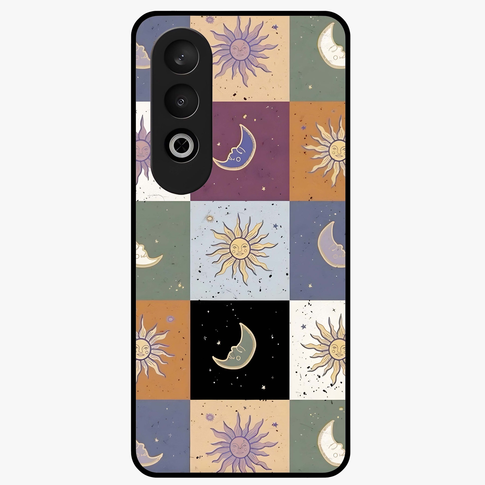 Celestial Patchwork Dreams Glass Case for 1+Nord CE 4 dreamy front view featuring patchwork style cosmic artwork